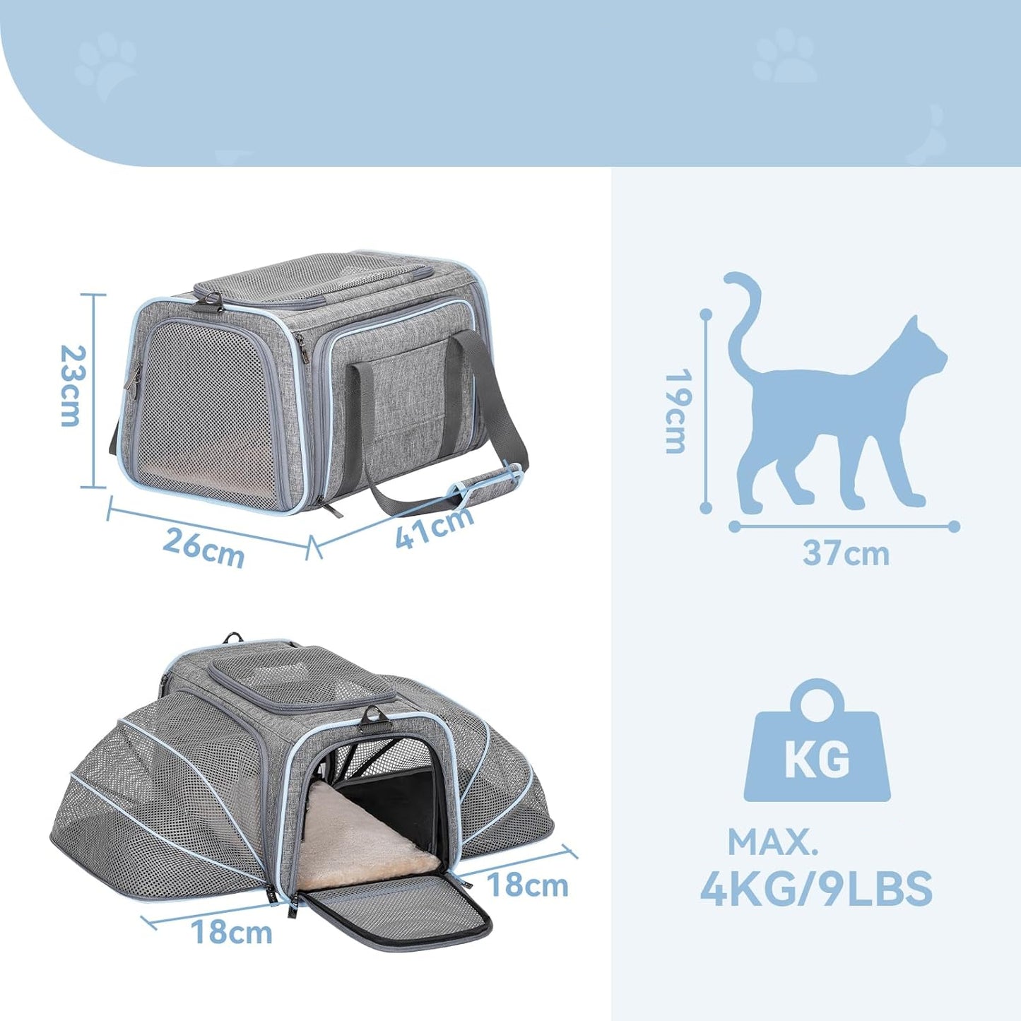 Sac transport chat - Extensible 3-en-1 avec zones d’aération filet