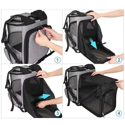 Sac à dos transport chat - Ouverture frontale large avec toit rabattable