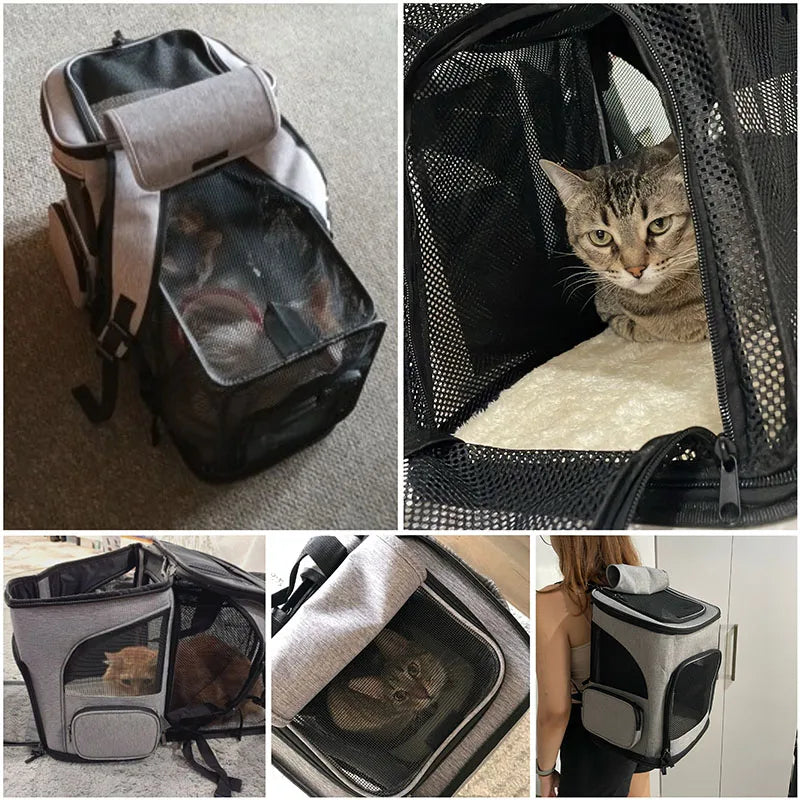 Sac à dos transport chat - Ouverture frontale large avec toit rabattable